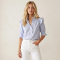 ME+EM Ruffle Mockneck Half Button Up Elbow Sleeve Cotton Blouse in Blue Stripe | 2