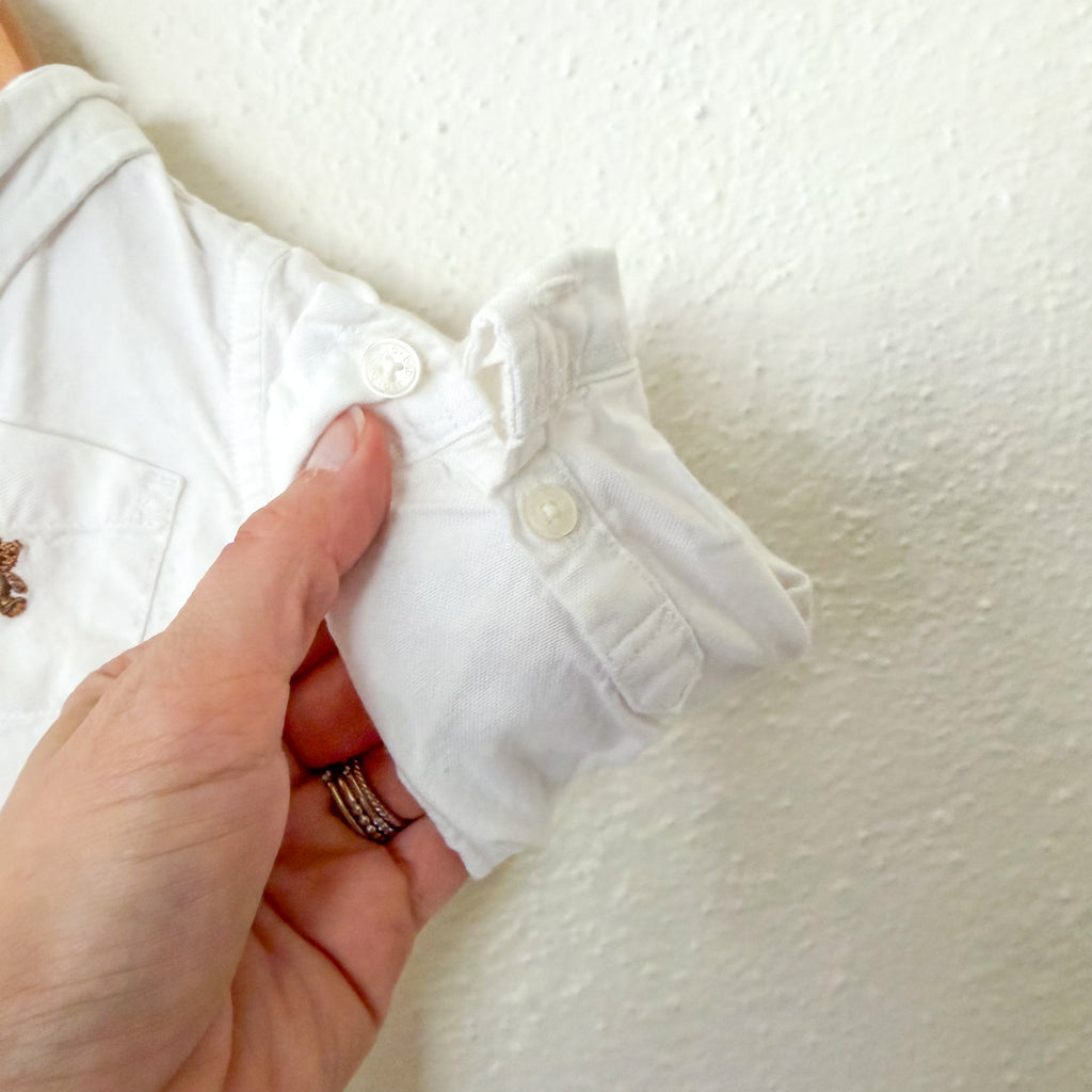 Gap White Cotton Teddy Bear Oxford Button-Down Long Sleeve Bodysuit | 6-12m