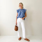 Sea New York Ramie Mock Neck Ruffle Sleeveless Top in Carolina Blue | XXS