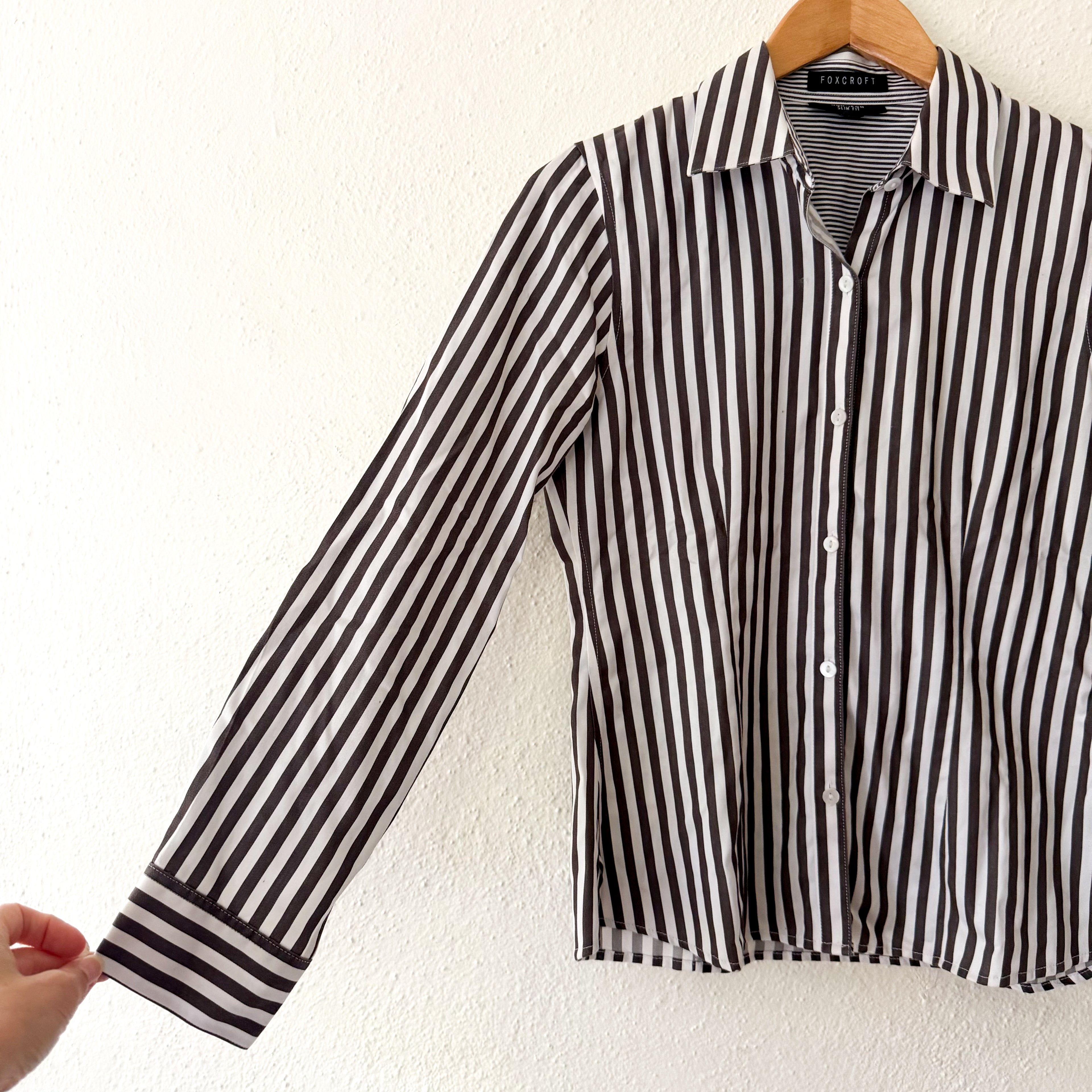 Foxcroft Petite Brown & White Striped No Iron Button Down Shirt | 4P