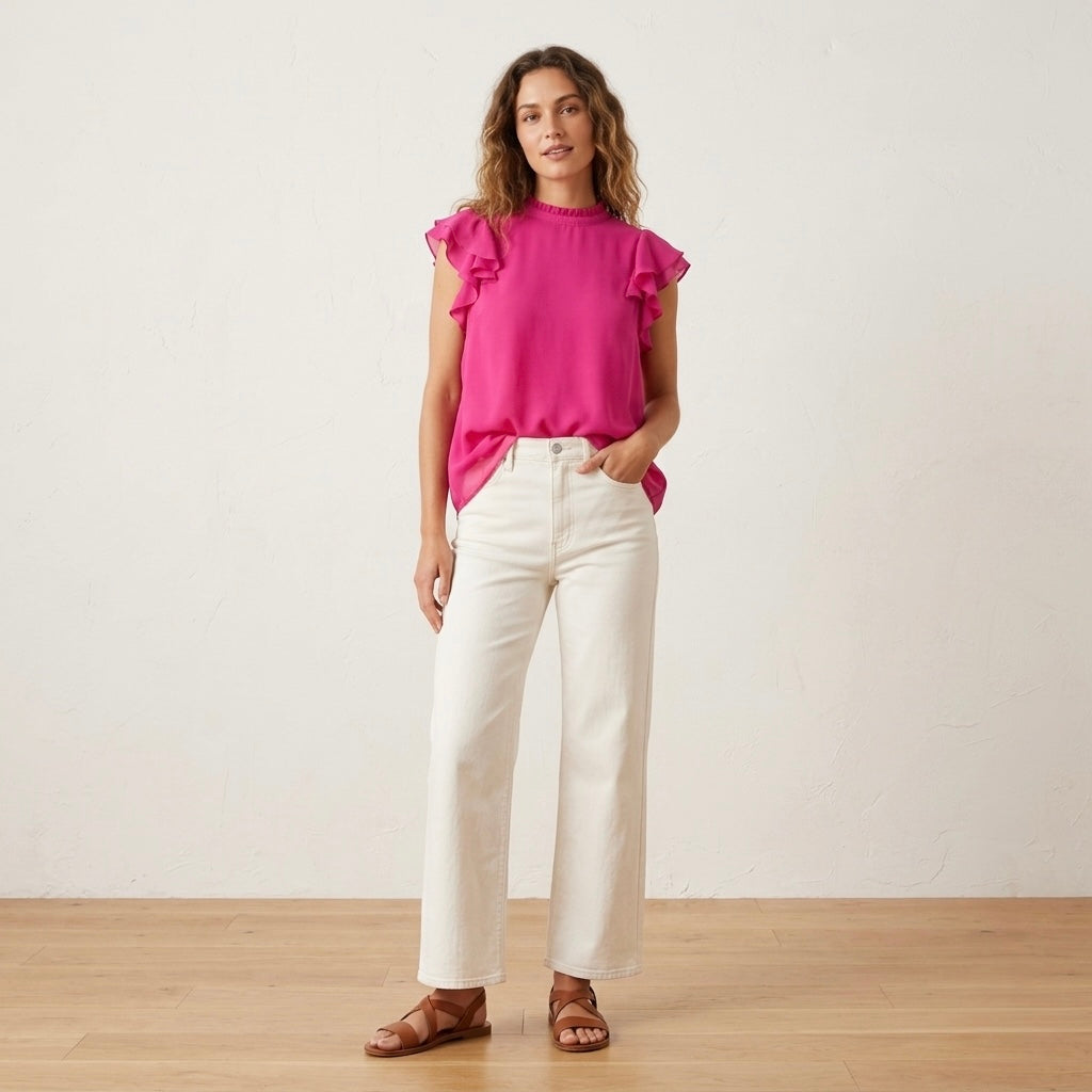 DKNY Sleeveless Ruffle Silky Chiffon Blouse in Hot Pink | S