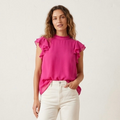 DKNY Sleeveless Ruffle Silky Chiffon Blouse in Hot Pink | S