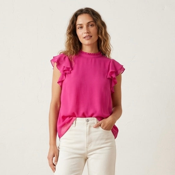 DKNY Sleeveless Ruffle Silky Chiffon Blouse in Hot Pink | S