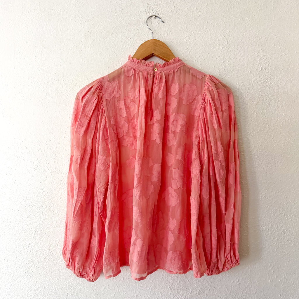 Ulla Johnson Sheer Silk Blend Floral Ruffle Mock Neck in Coral | 2
