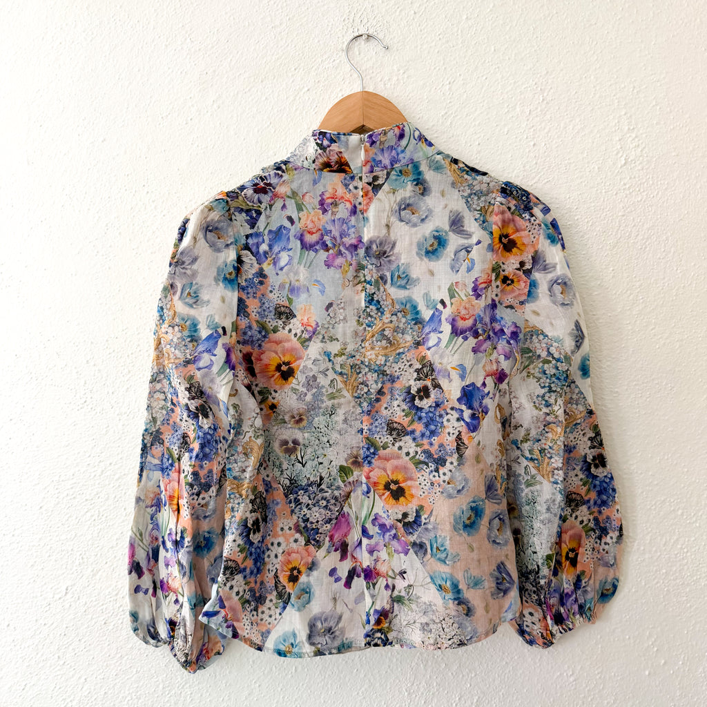 Zimmermann Petite Tama Ramie Pansy Floral Long Sleeve Sheer Blouse | 0P