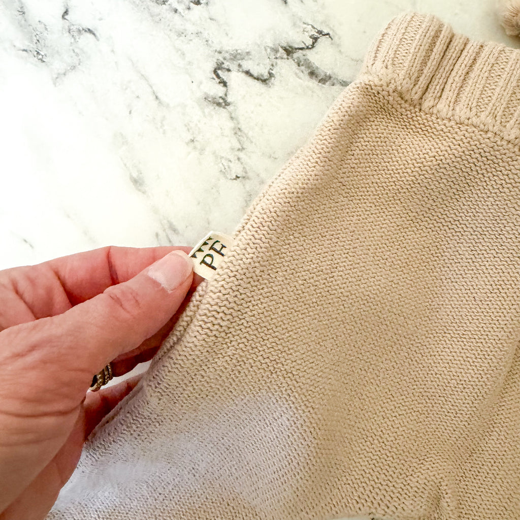 Petit Filippe Tan Knit Pom Pom Drawstring Pull On Pants | 6-9m