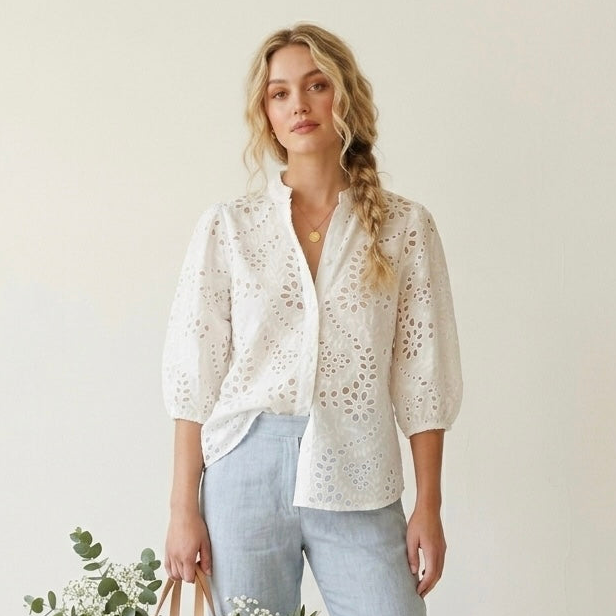 Karen Millen Petite White Cotton Eyelet Broderie Short Sleeve Blouse | 4P
