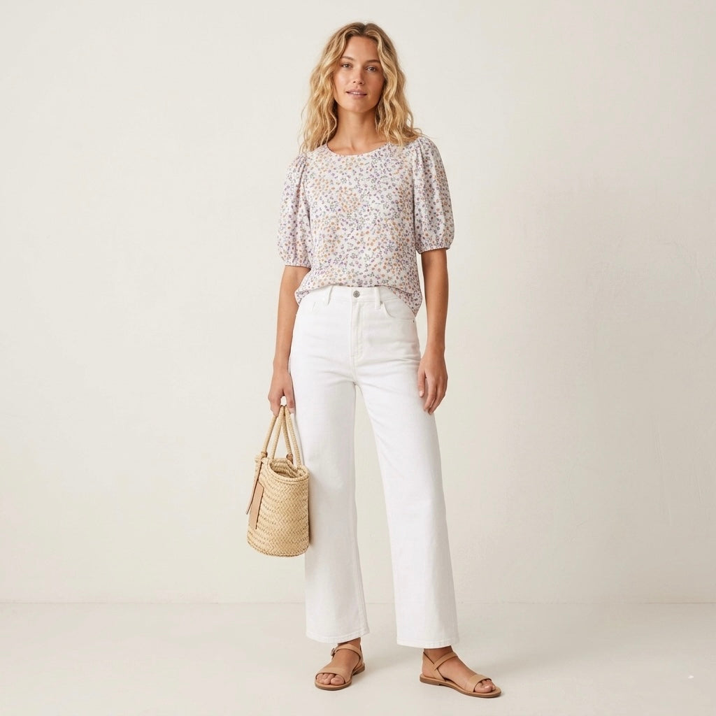 Elodie Cream Floral 3/4 Puff Sleeve Blouse | XS