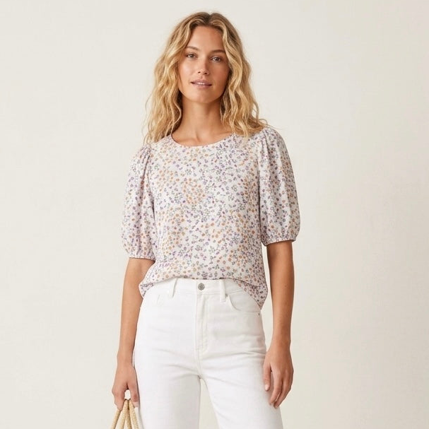 Elodie Cream Floral 3/4 Puff Sleeve Blouse | XS