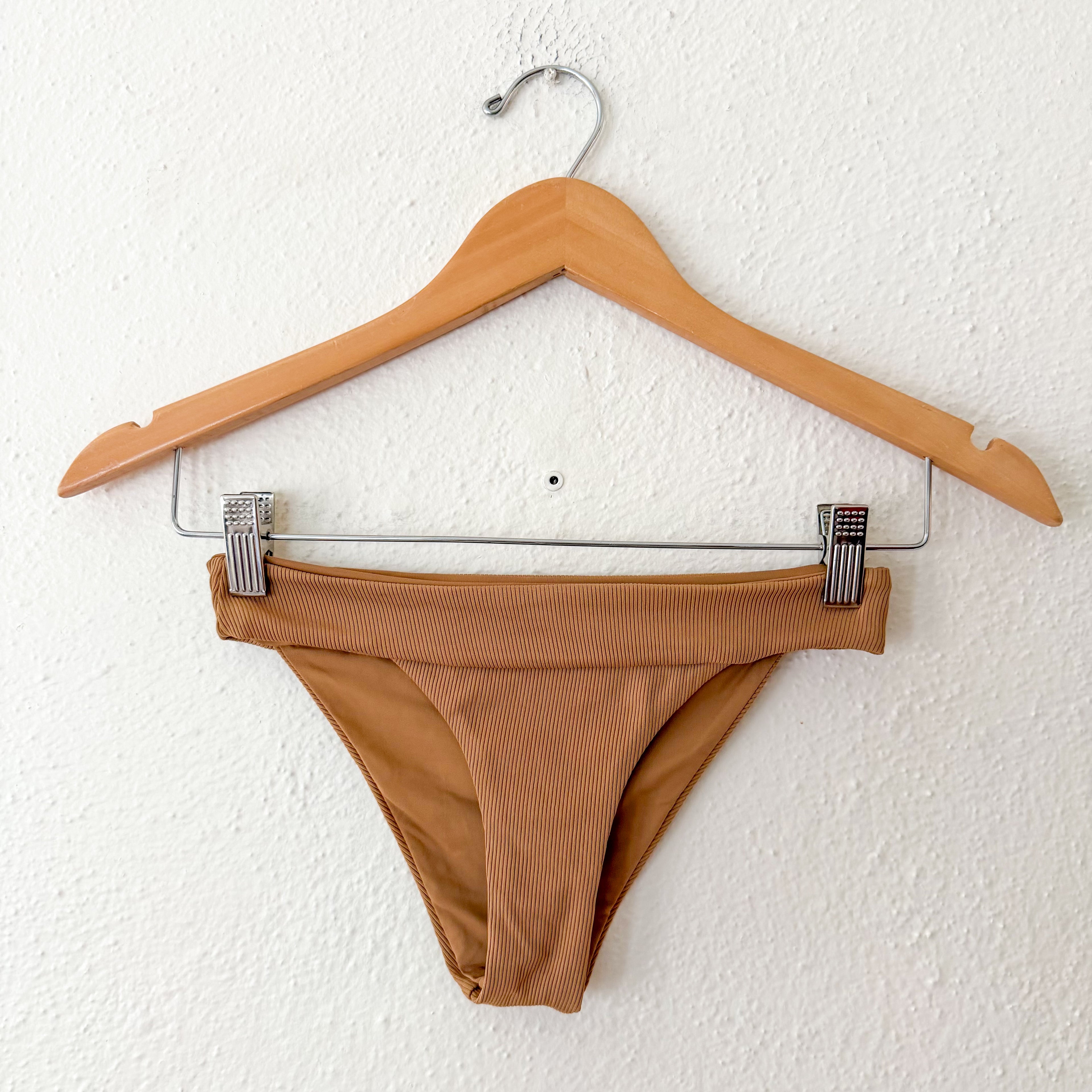 Ribbed V-Notched Bikini Top + Low Rise Bikini Bottoms in Camel | XS
