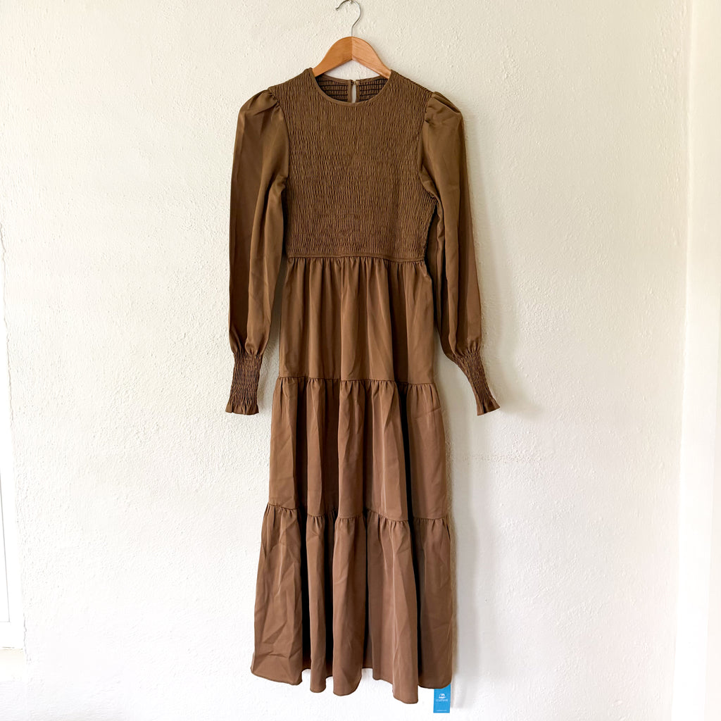 CUPSHE Brown Smocked Tiered High Neck Long Sleeve Maxi Dress | XS