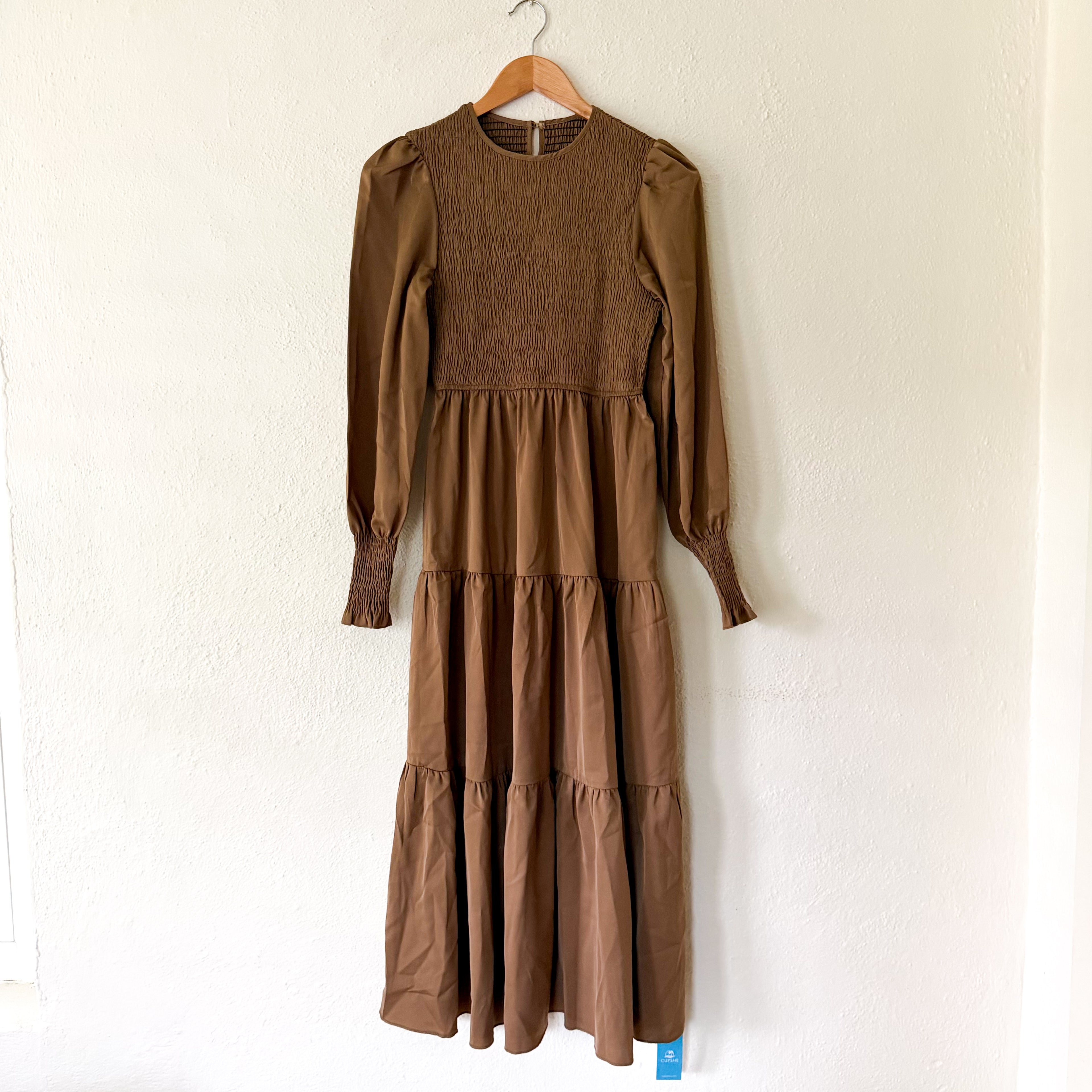 CUPSHE Brown Smocked Tiered High Neck Long Sleeve Maxi Dress | XS