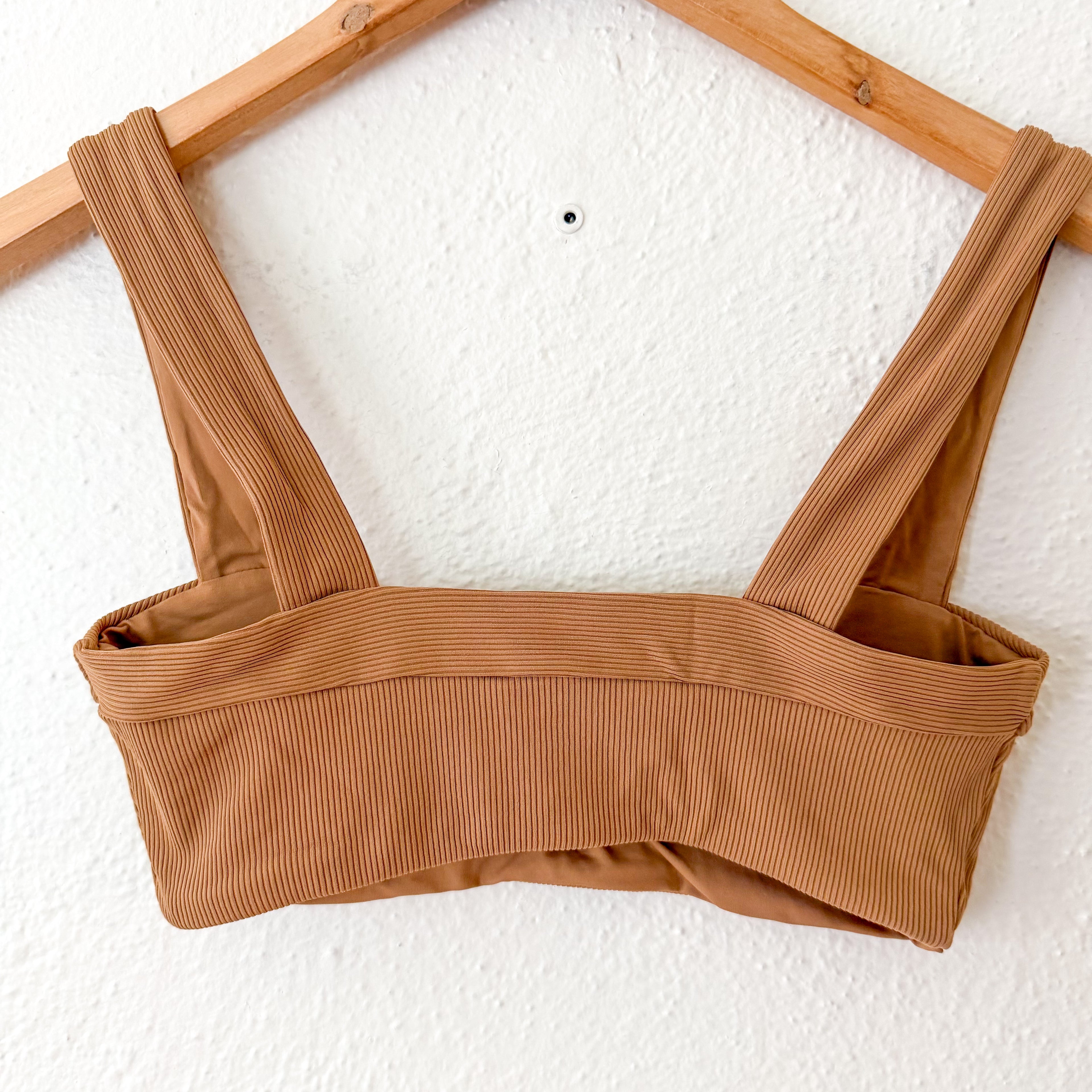 Ribbed V-Notched Bikini Top + Low Rise Bikini Bottoms in Camel | XS