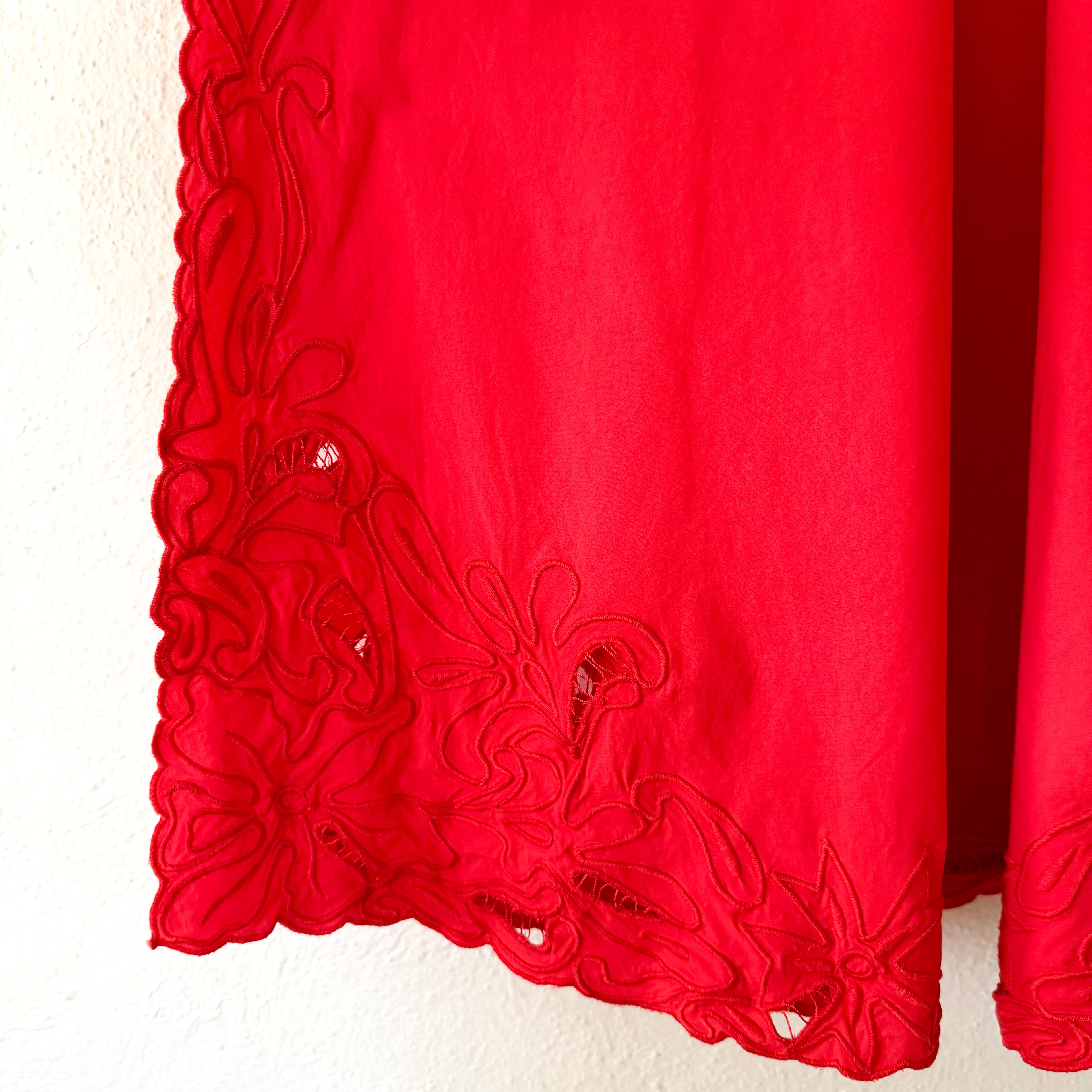 Juliet Dunn London Red Wave Cotton Poplin Strappy Embroidered Lace Midi Slip Dress | sz 1 (S-4/6)
