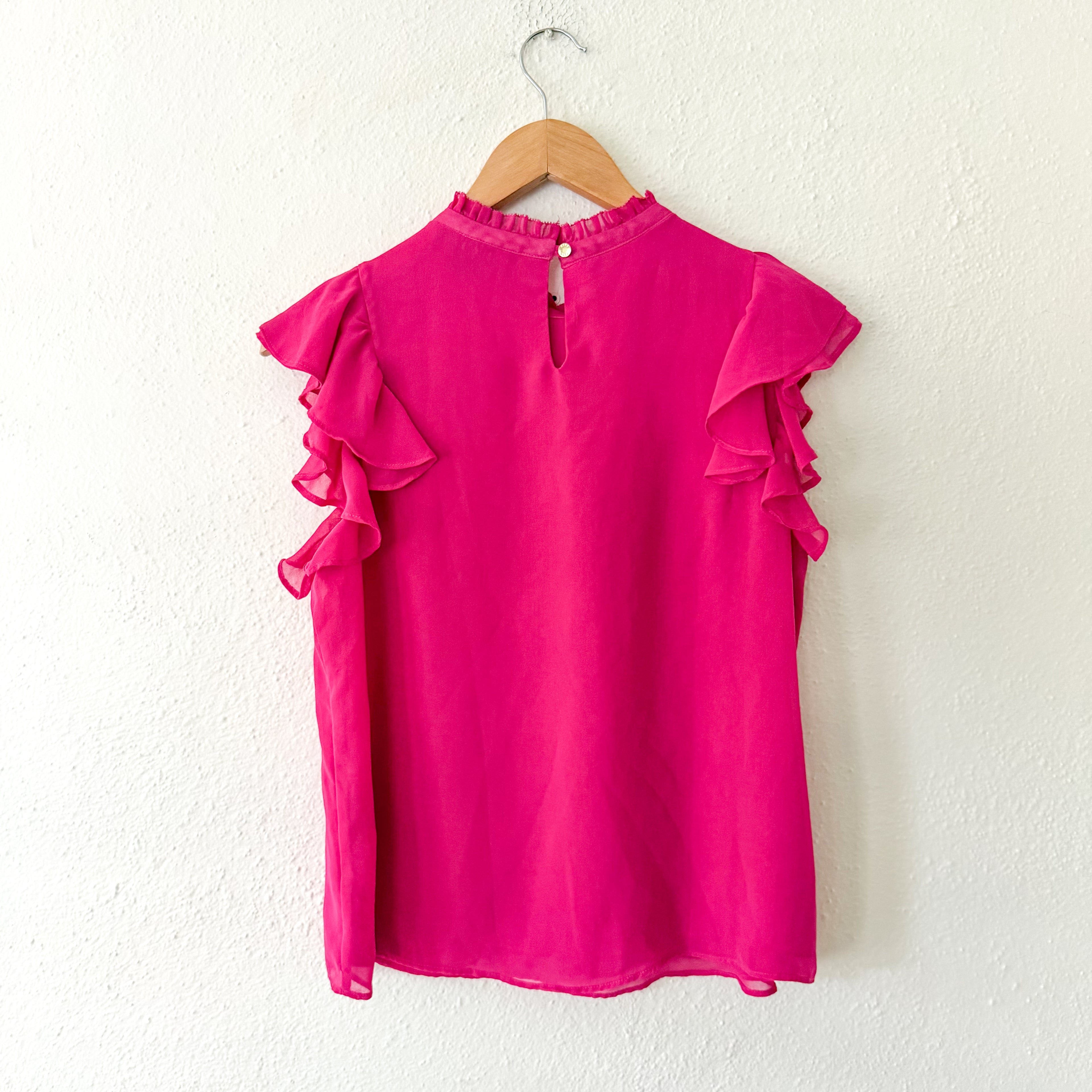 DKNY Sleeveless Ruffle Silky Chiffon Blouse in Hot Pink | S