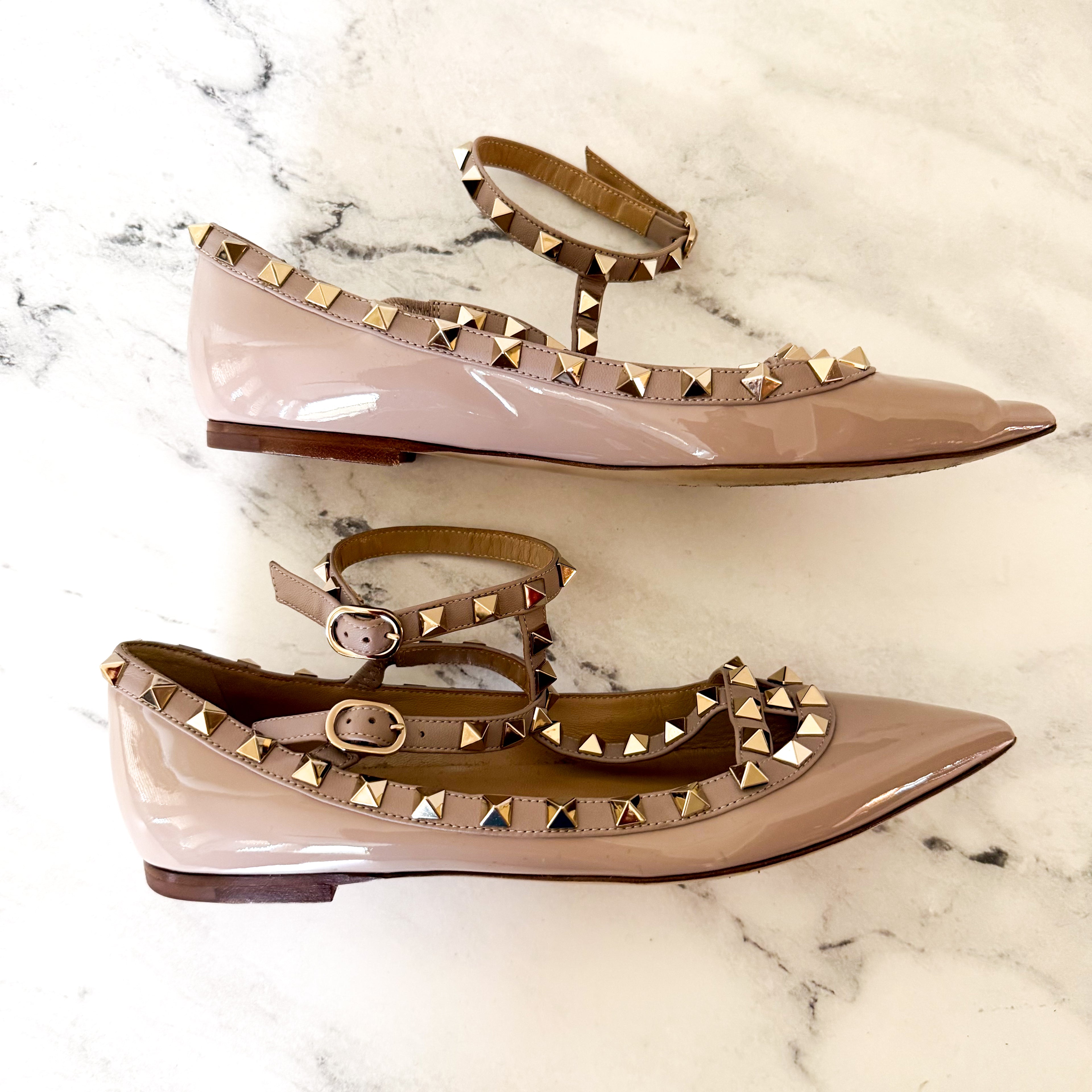 Valentino Garavani Rockstud Caged Nude Patent Leather Pointed Toe Ballet Flats | 36/US 6