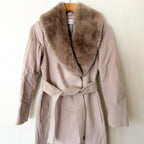 Reiss Dawson Full Length Belted Coat with Detachable Faux Fur Shawl Collar in Dusty Mauve | XS