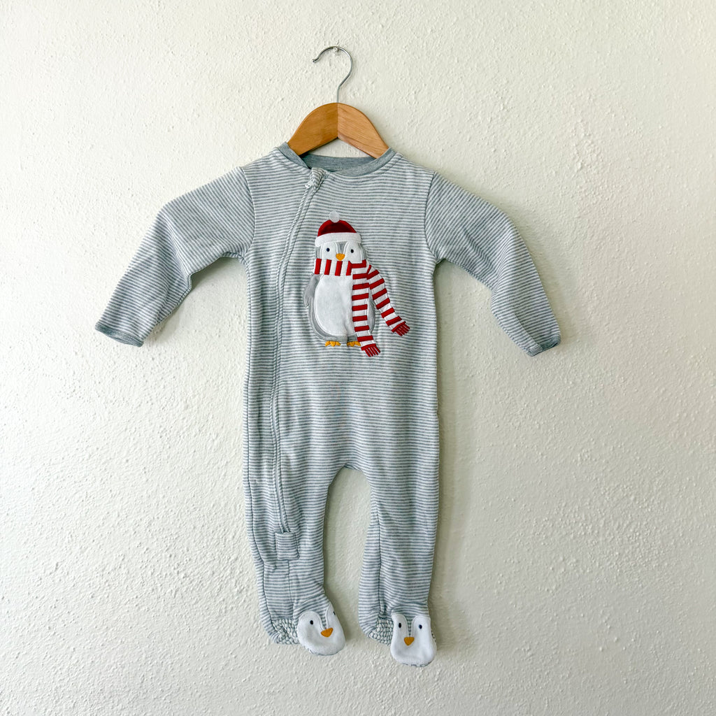 JoJo Maman Bébé Winter Penguin Appliqué Grey Stripe 2-Way Zip Footed Sleeper | 9-12m