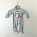 JoJo Maman Bébé Winter Penguin Appliqué Grey Stripe 2-Way Zip Footed Sleeper | 9-12m