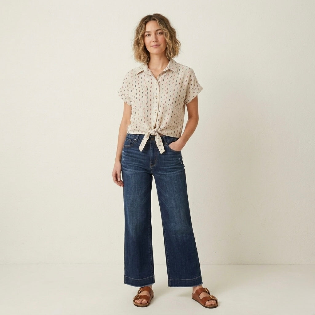 Sim & Sam Linen Blend Americana Red Blue Natural Button Down Shirt | S