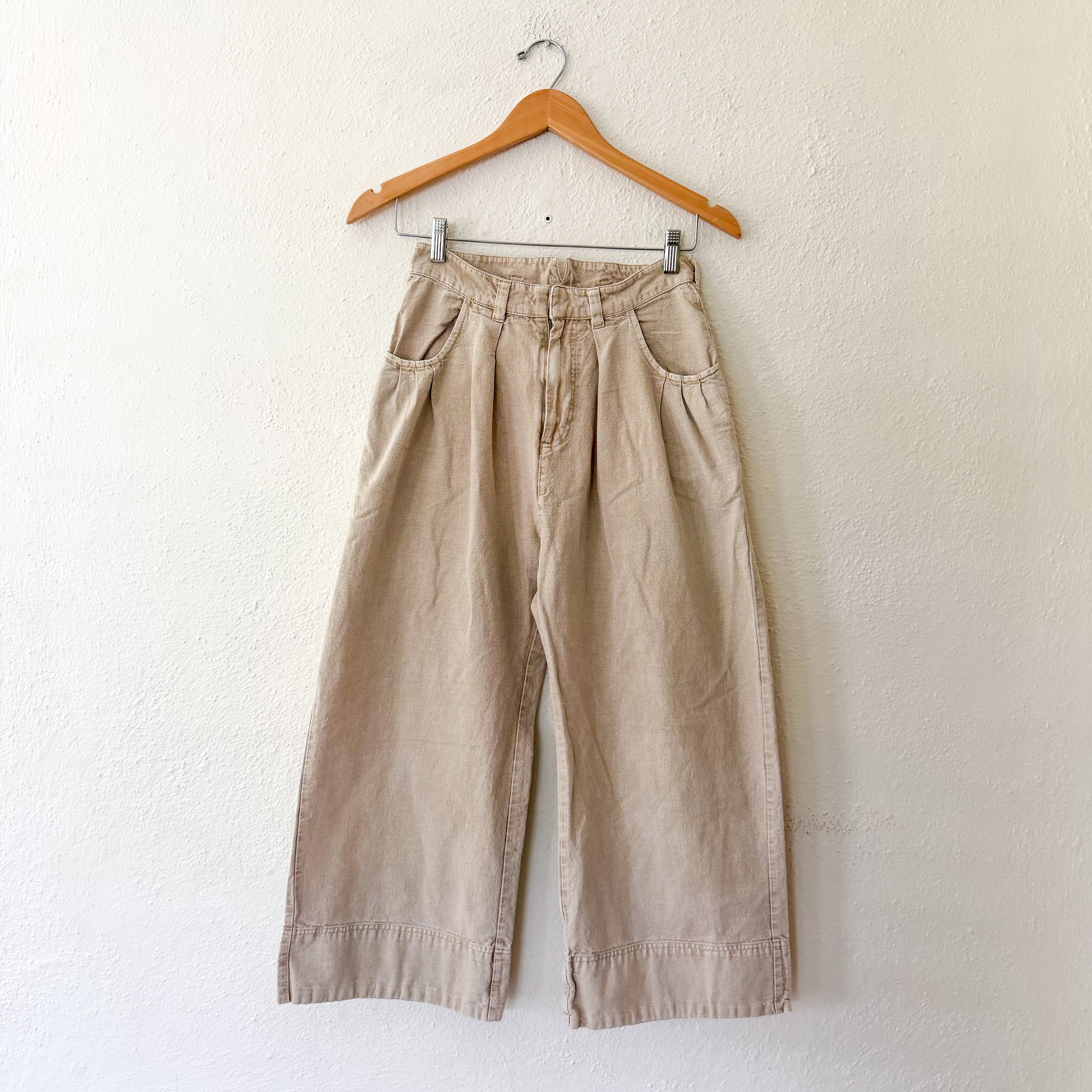 Free People Sweet Talk Linen Blend Wide Leg Cropped Chino Pants in Croissant Beige | 0
