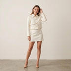 Mango MNG Textured Tweed Italian Fabric Jacket with Gold Buttons in Ecru | XXS