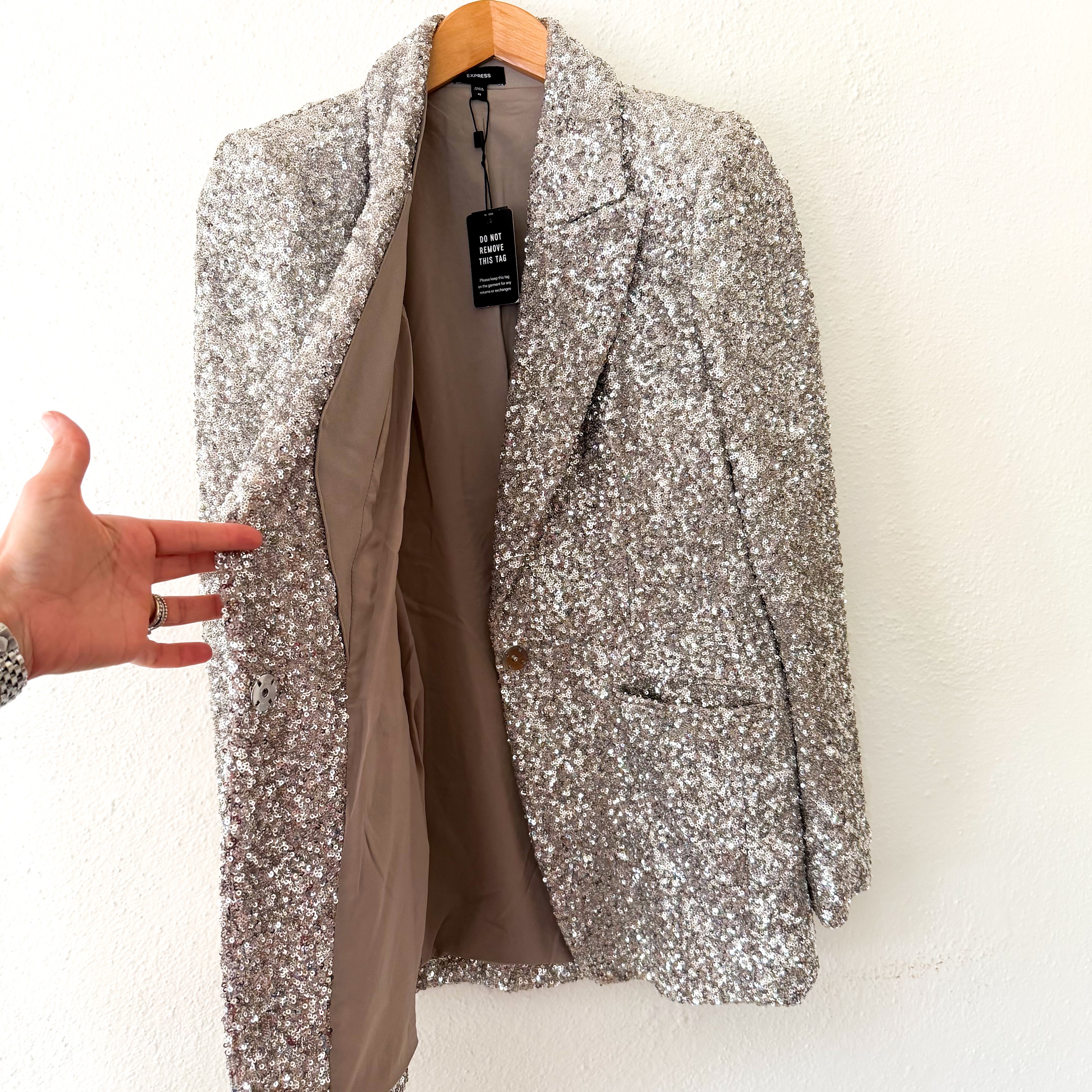 Express Silver Sequin One Button Boyfriend Blazer |  XS