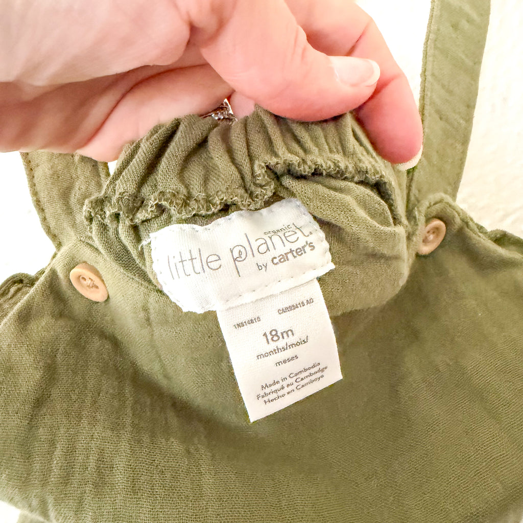 Little Planet Organic Olive Green Gauze Bubble Romper Overalls | 12-18m