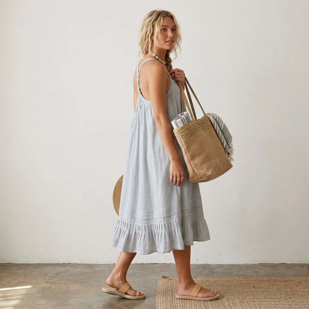 Celandine x Anthropologie Cotton Seersucker French Grey Stripe Summer Mini Dress | XXS