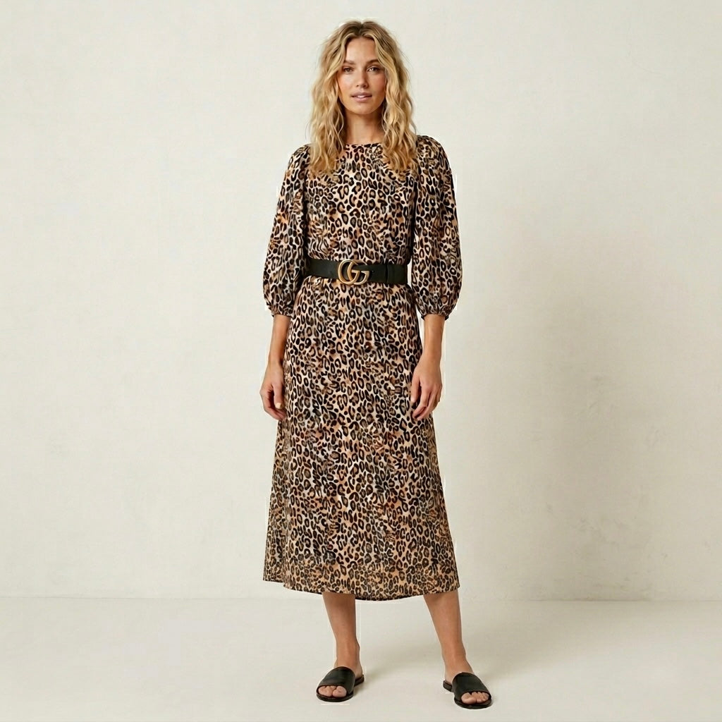 H&M Leopard Print Elbow Sleeve Midi Sheath Dress | XS