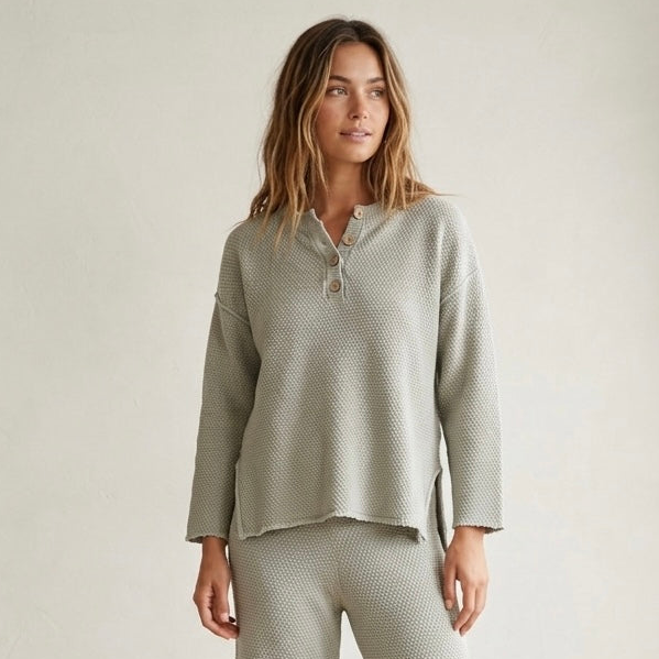 Free People Beach Sage Open Weave Cropped Henley Sweater | XS