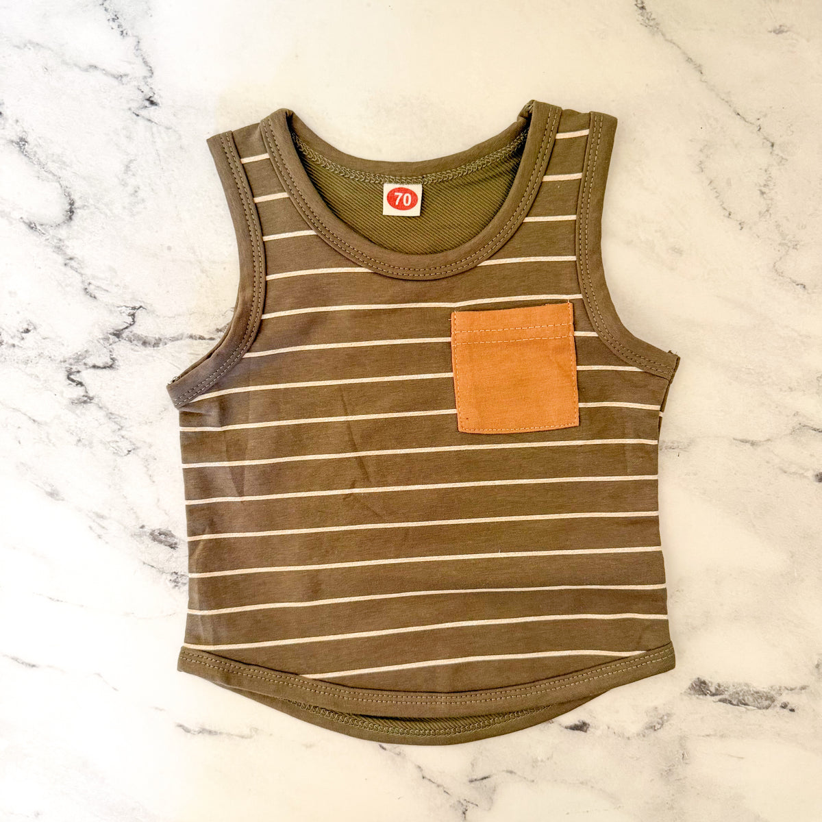 Unbranded Olive Green Cream Stripe Tank Top + Drawstring Shorts Matching Set | 6-12m