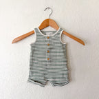 Little Planet Organic Dusty Sage Green & Cream Stripe Waffle Knit Texture Sleeveless Romper | 0-3m