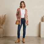 Umgee Boho Tribal Print Open Front Fringe Cardigan | S
