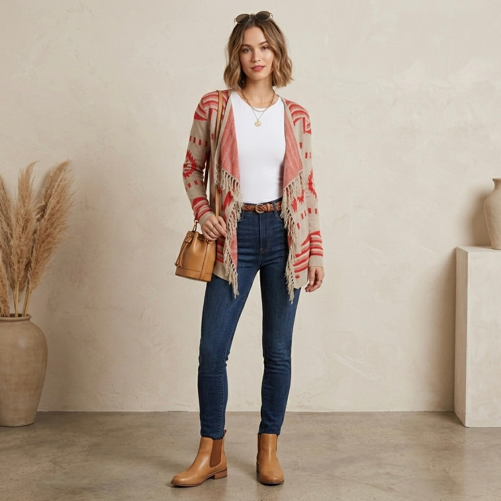 Umgee Boho Tribal Print Open Front Fringe Cardigan | S