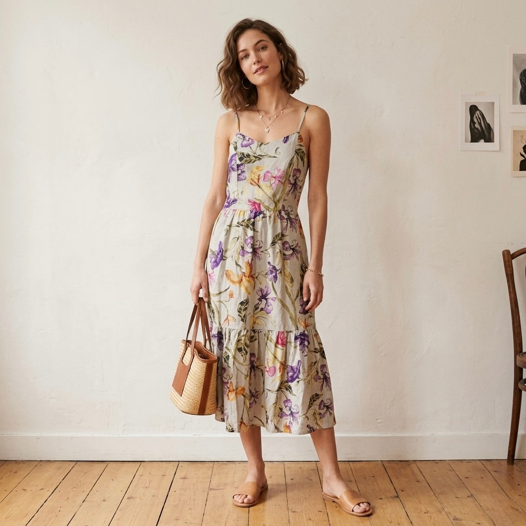 Joie Linen Blend Neutral Floral Midi Dress | S