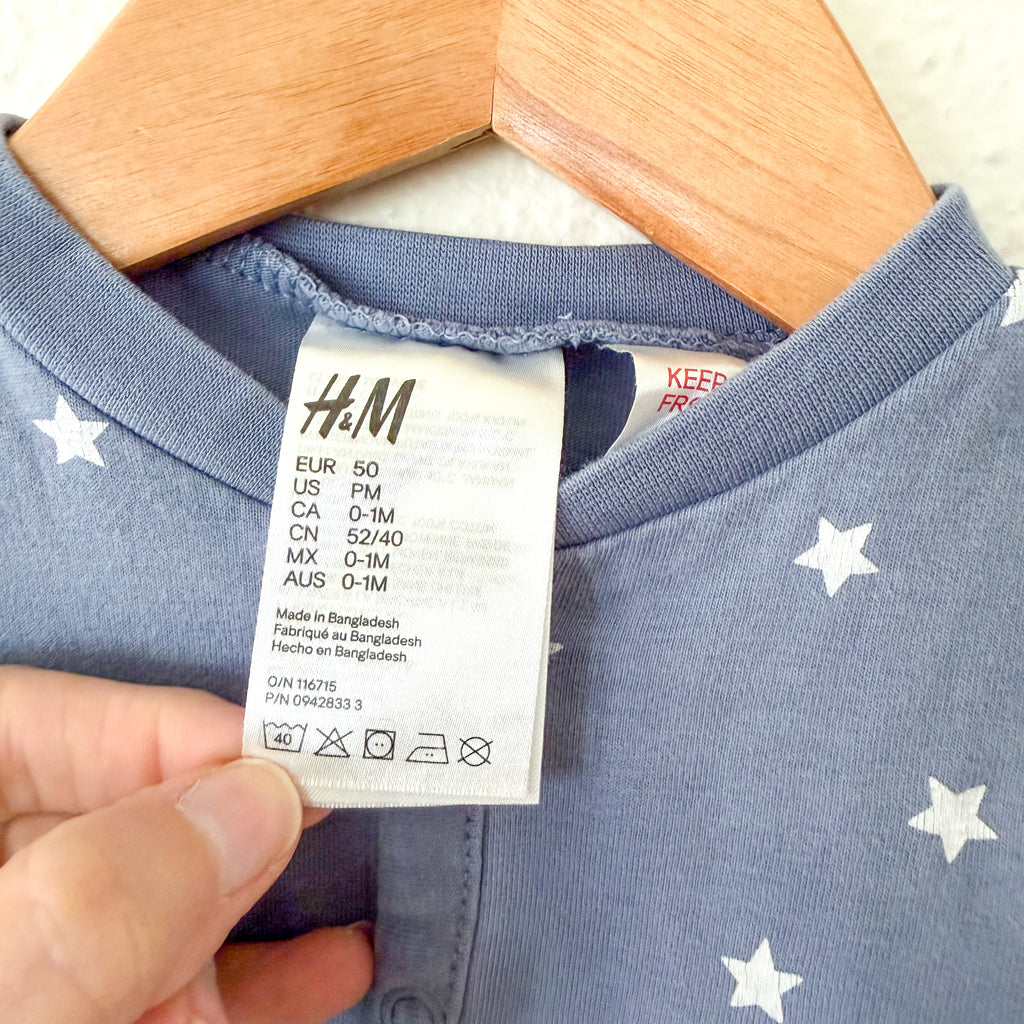 H&M Ocean Blue Cream Stars Snap Long Sleeve Jumpsuit | Premie