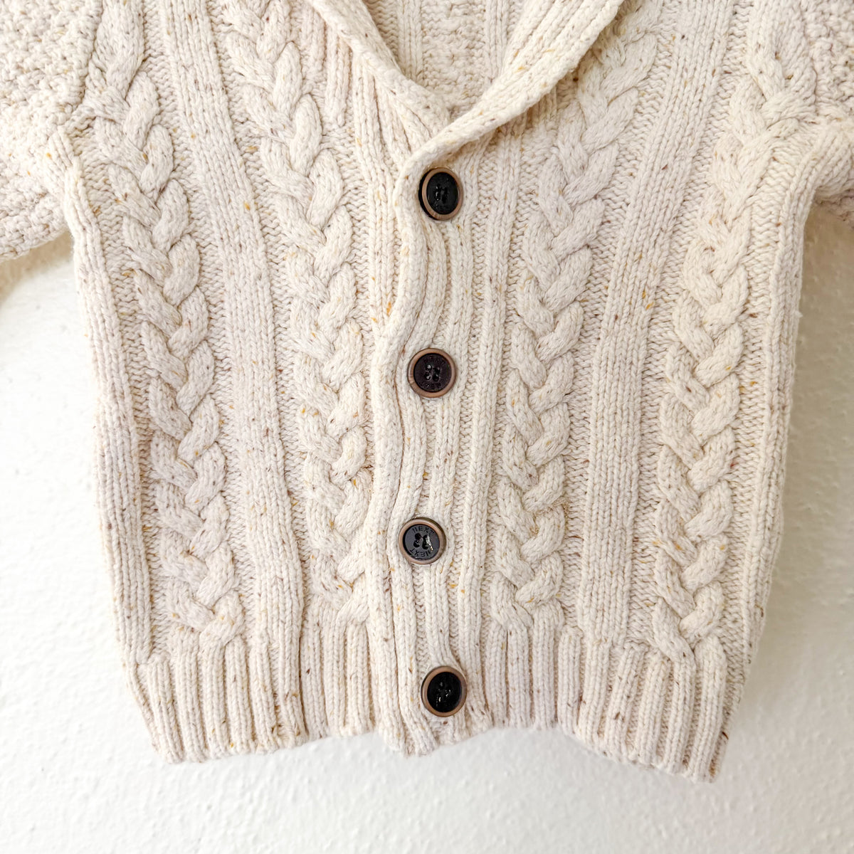 Next Wool Blend Cream Marl Cable Knit Shawl Collar Sweater | 12-18m