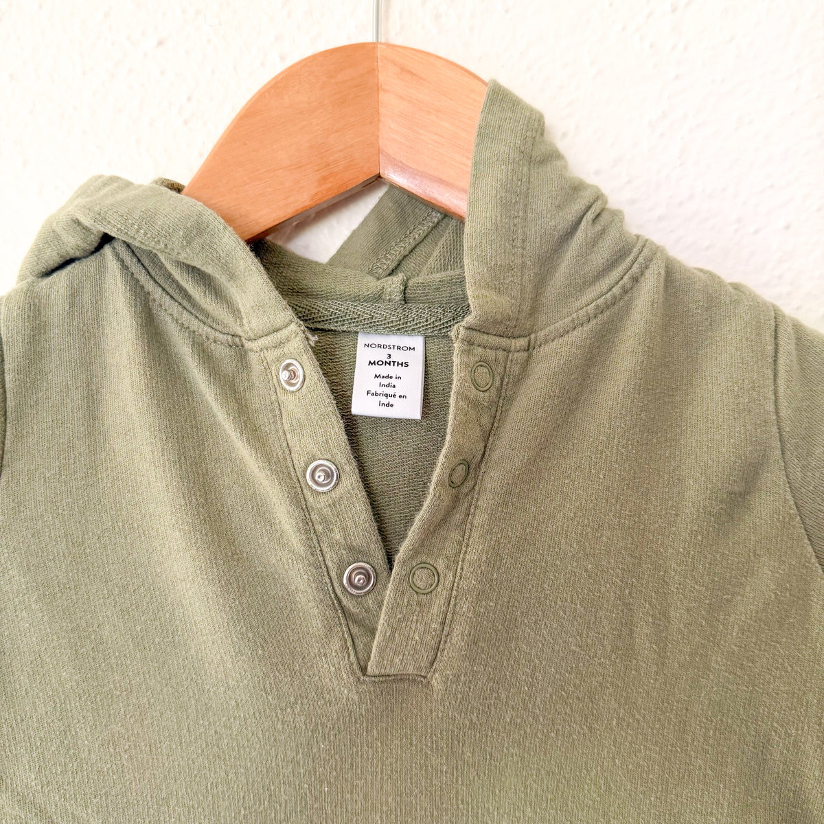 Nordstrom Organic Cotton Olive Green Hooded French Terry Jumpsuit | 0-3m