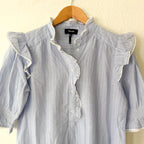 ME+EM Ruffle Mockneck Half Button Up Elbow Sleeve Cotton Blouse in Blue Stripe | 2