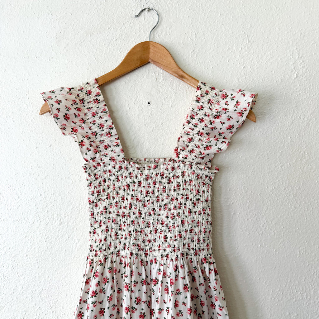 O.P.T. Calypso Cotton Smocked Cream Floral Midi Dress | XS