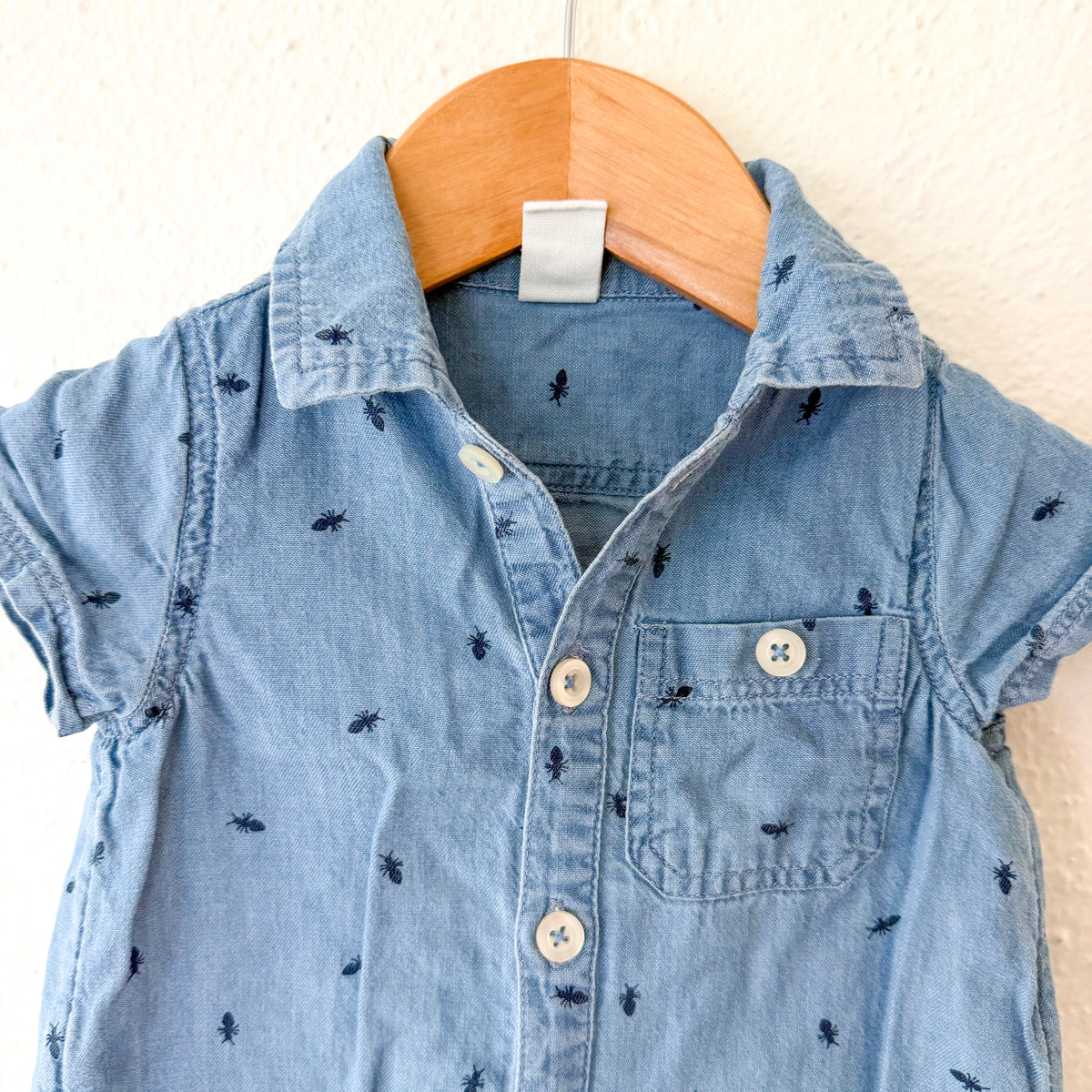 Tucker & Tate Printed Ants Denim Short Sleeve Button Down Romper | 0-3m