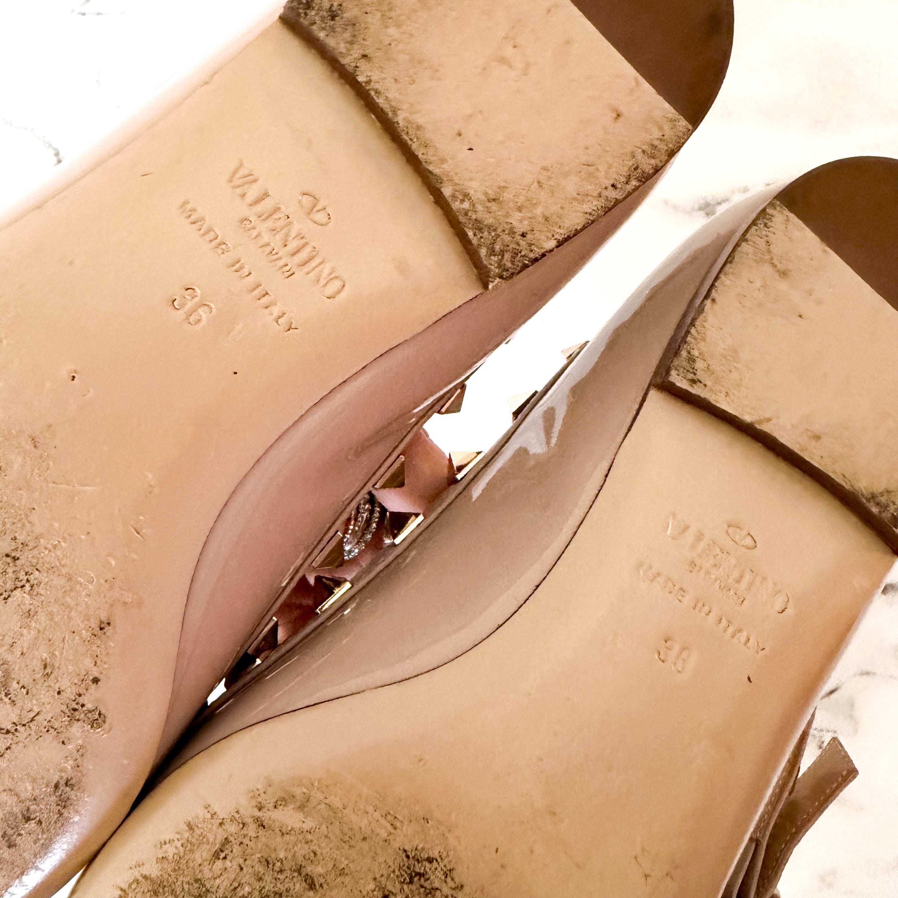 Valentino Garavani Rockstud Caged Nude Patent Leather Pointed Toe Ballet Flats | 36/US 6