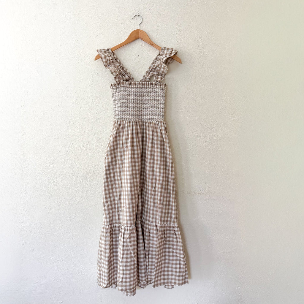 Marea by Liz Joy Sasco Midi Dress in Smocked Tan Dune Gingham | XS