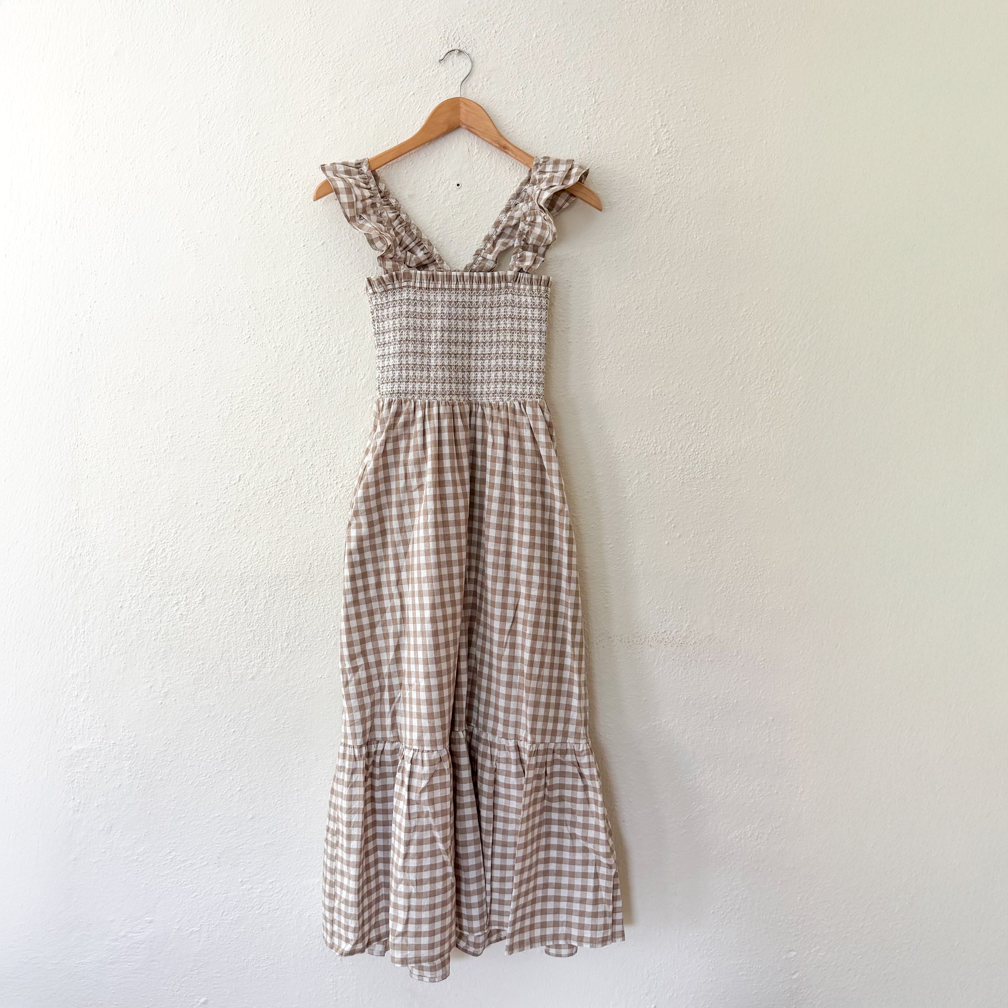 Marea by Liz Joy Sasco Midi Dress in Smocked Tan Dune Gingham | XS