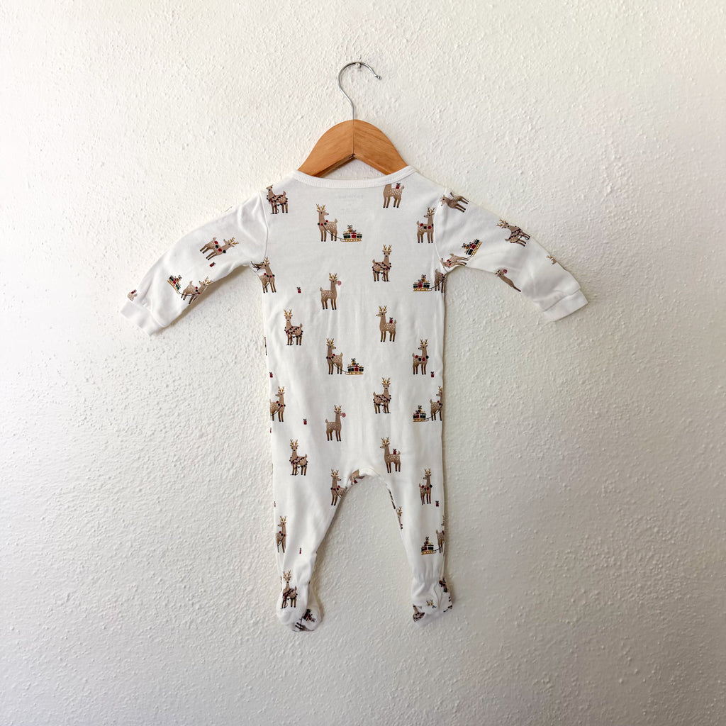 Petit Lem Organic Cotton Holiday Cream Reindeer 2-Way Zipper Footed Sleeper | 3-6m