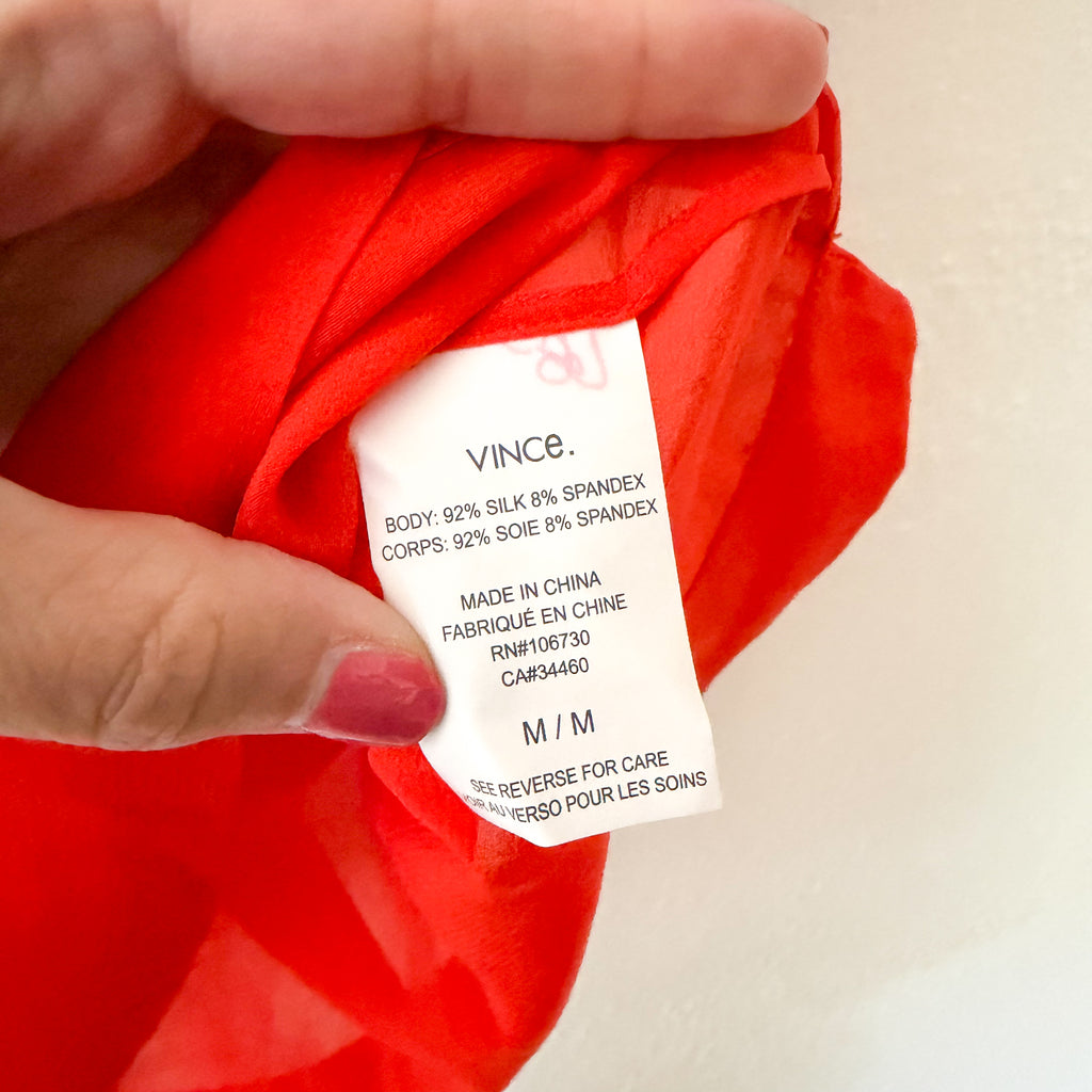 Vince 100% Silk Fire Orange Sheer Pocket Tee |  M