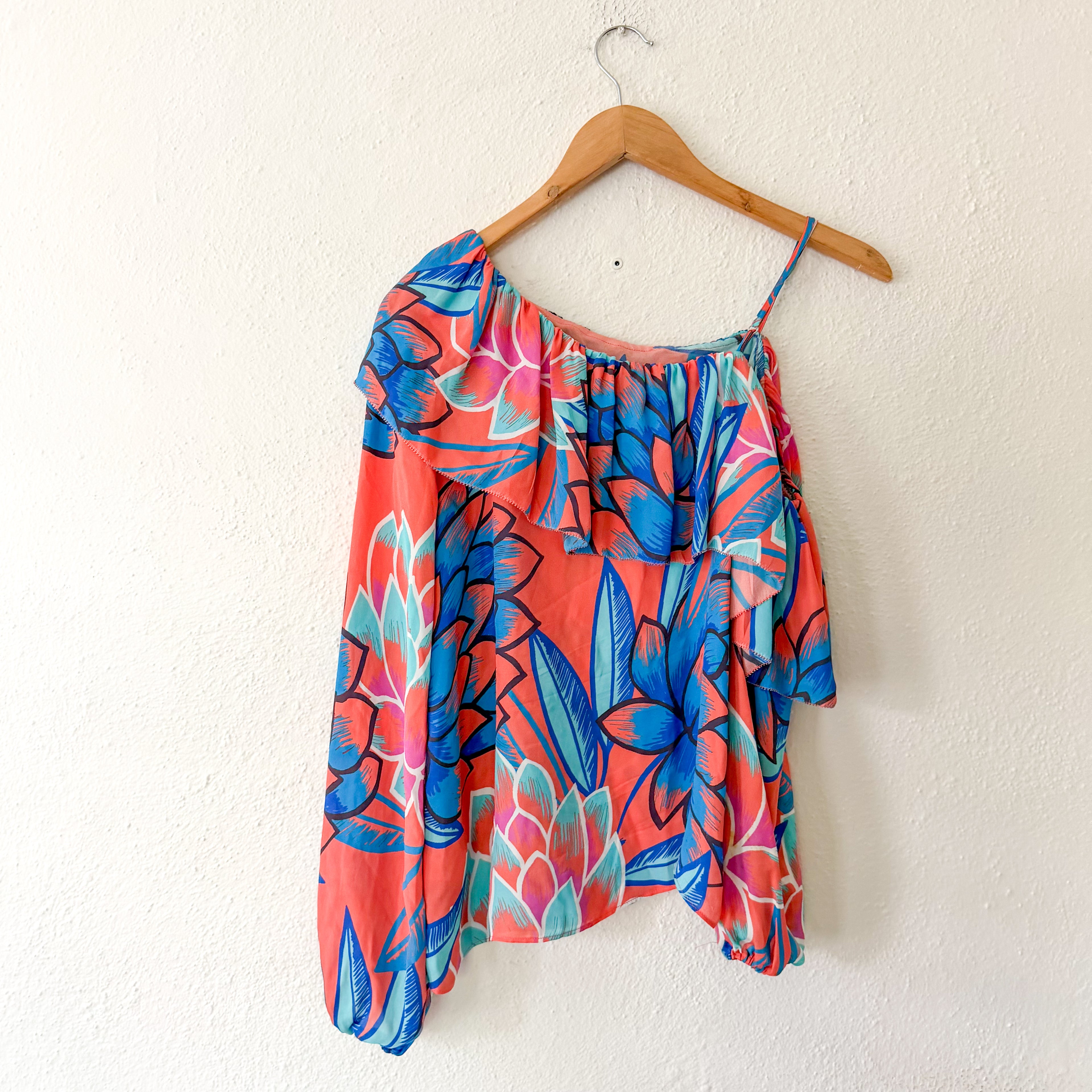 Parker NY Tropical Floral Silk Ruffle Off-The-Shoulder Top | XS