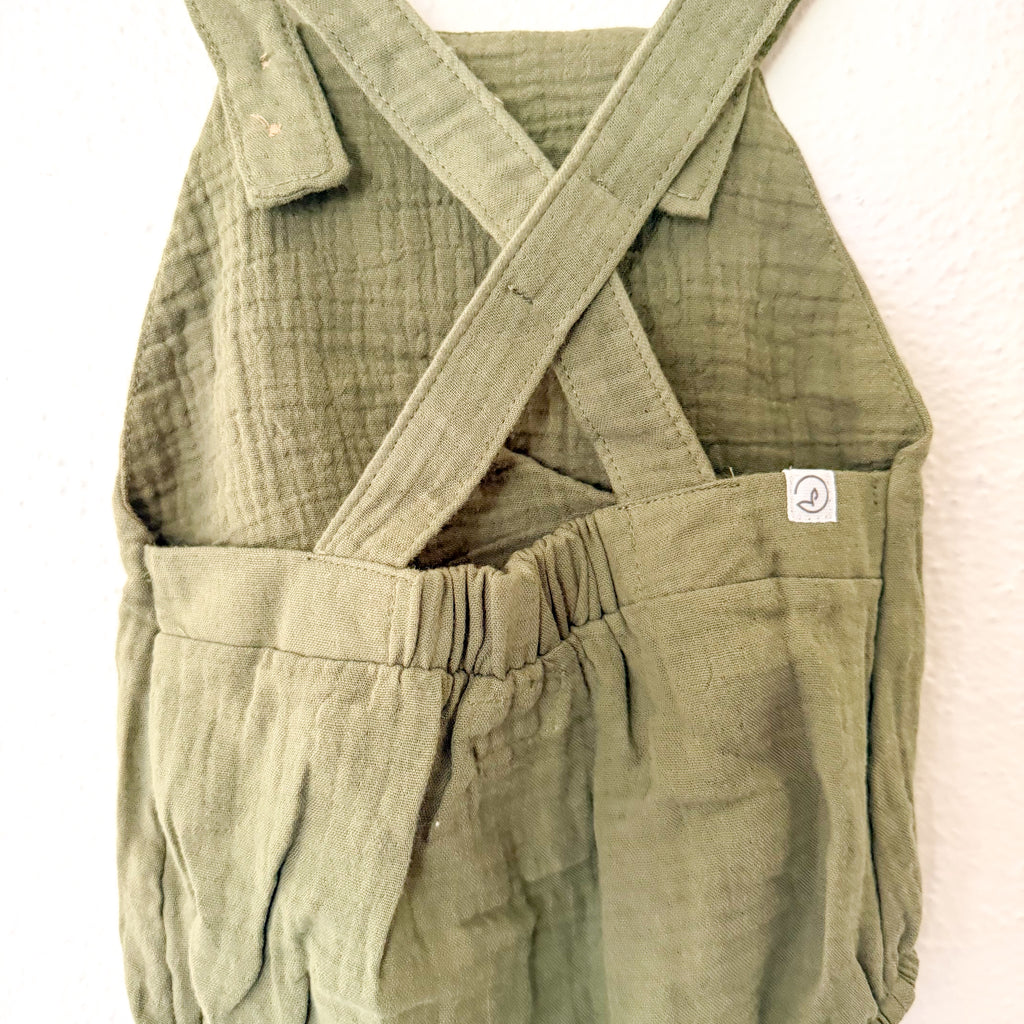 Little Planet Organic Olive Green Gauze Bubble Romper Overalls | 12-18m