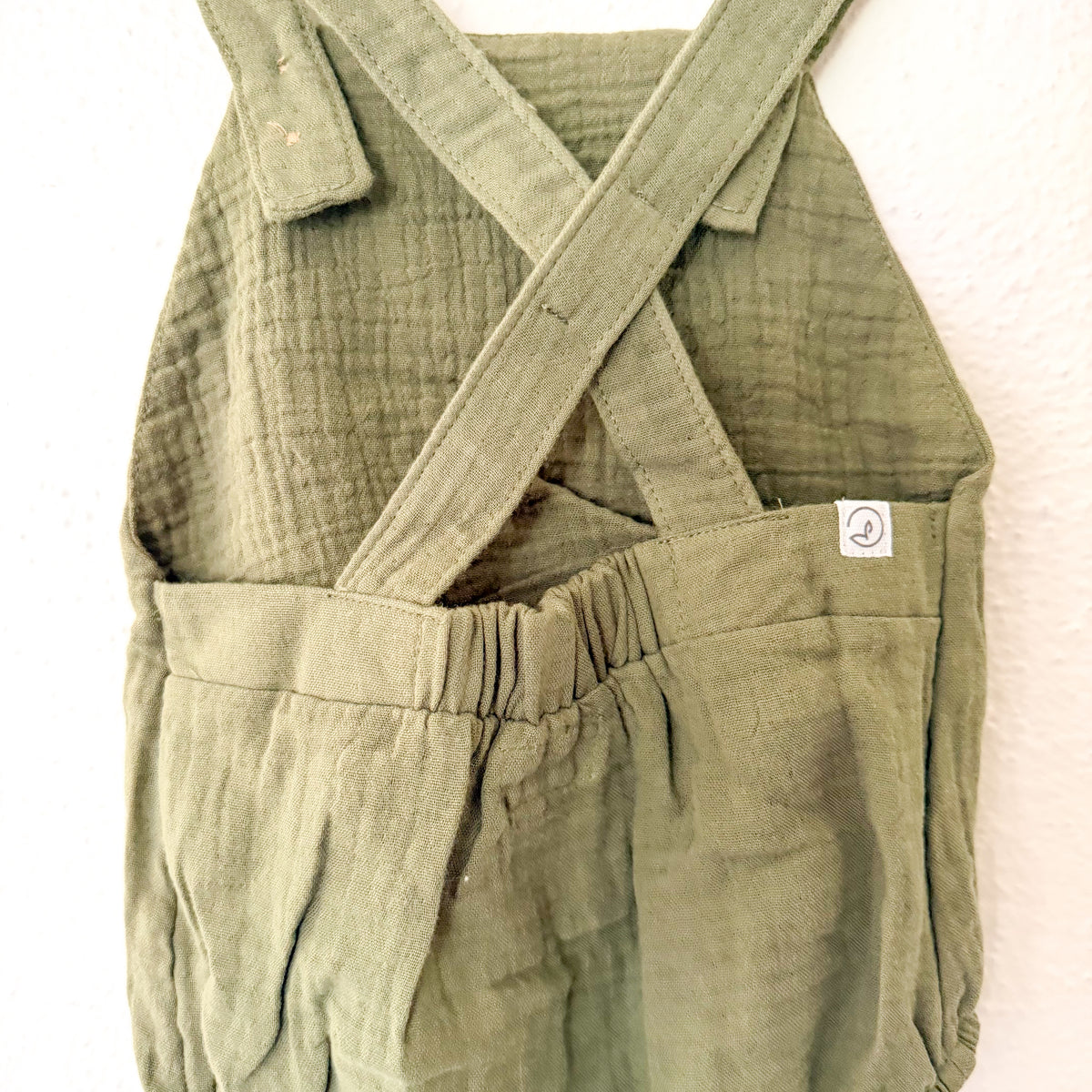 Little Planet Organic Olive Green Gauze Bubble Romper Overalls | 12-18m